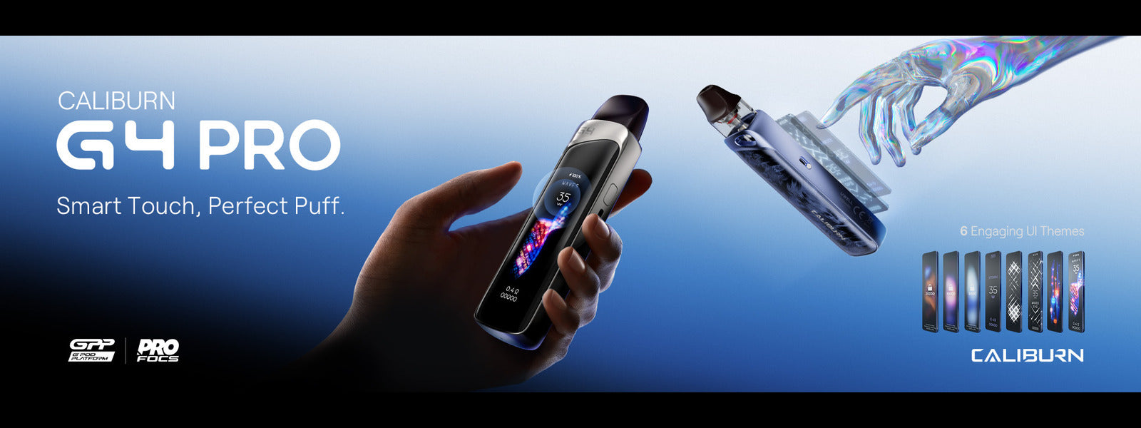 Caliburn G4 Pro vaping device held in a hand with product images and branding on a blue background