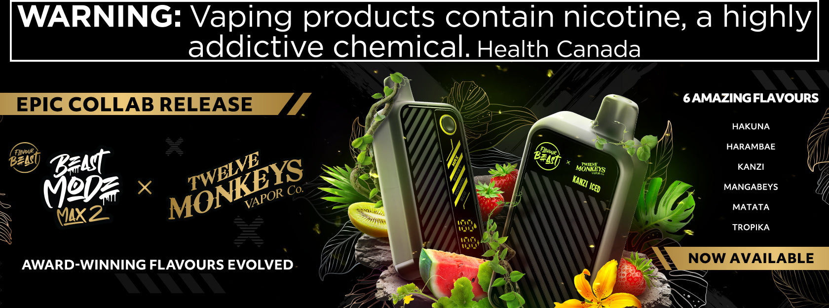 Vaping device with branding and product details on a dark background