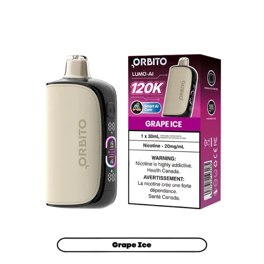 Orbito vape device and packaging with grape ice flavor on a white background