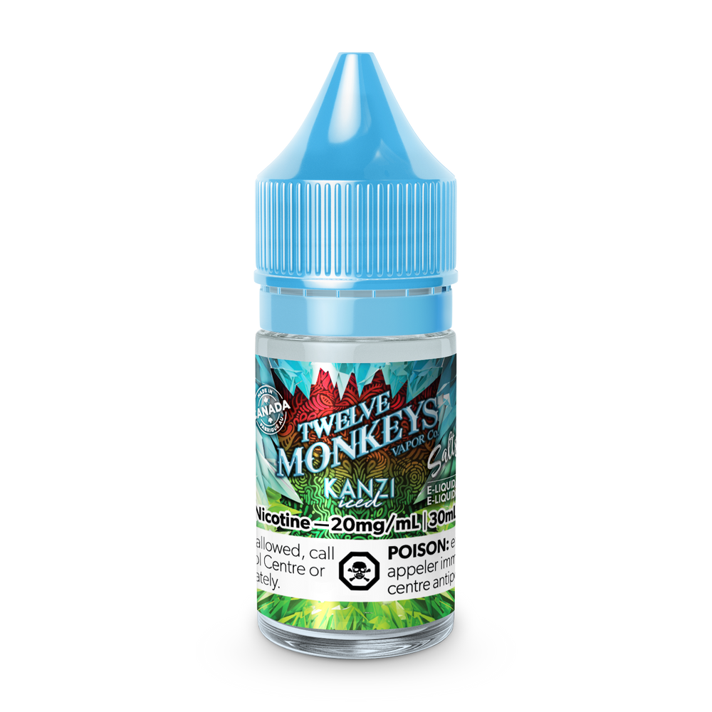 30 mL bottle of Kanzi Iced Nic Salt E-Liquid by Twelve Monkeys from Ice Age Series, Kanzi by twelve monkeys is a blend of watermelon and strawberry with a hint of kiwi and mint