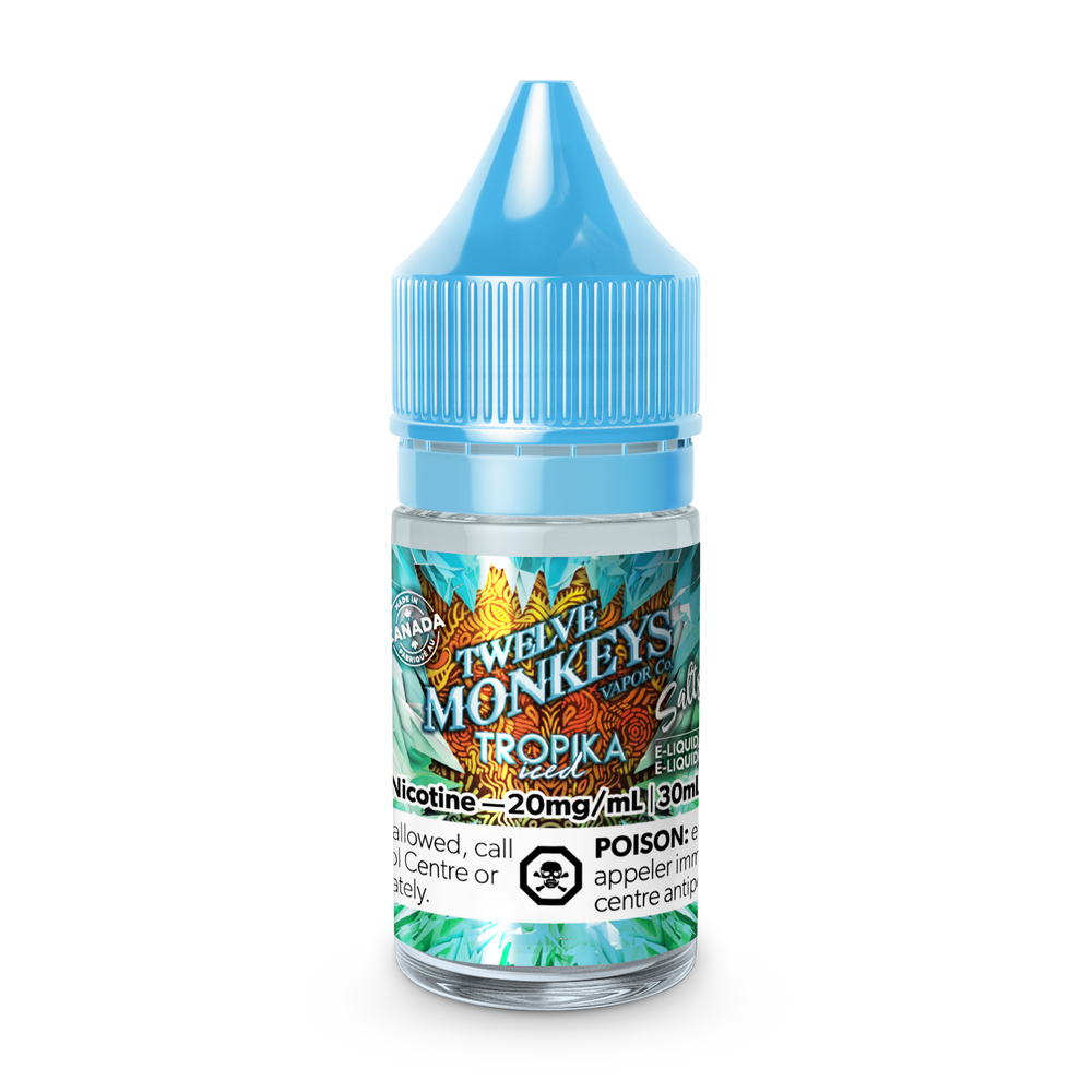 30 mL Bottle of Twelve Monkeys Tropika Iced Nic Salt E-Liquid from Twelve Monkeys Classics Lineup, Tropika is a Tropical blend of Lychee, Papaya and Passionfruit and Mint, it is Available in Non-Iced version as well