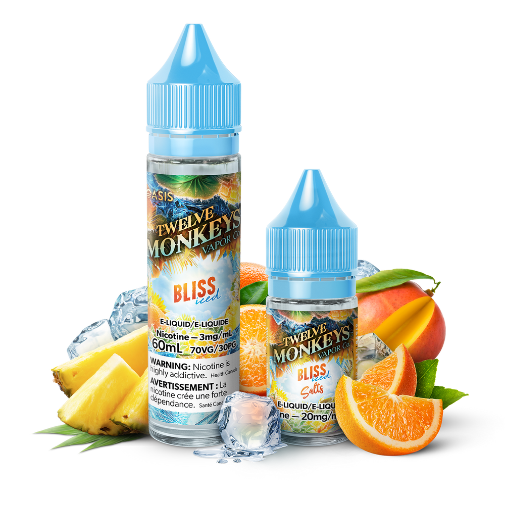 60 mL bottle of Bliss Ice age E-Liquid by Twelve Monkeys from OASIS Series, Bliss Vape E-Liquid flavours is a blend of fresh oranges mixed with pineapples and sweet mangos with mint
