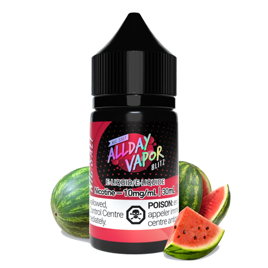 Bottle of Allday vapor Blitz Nic Salt E-juice with watermelon on the sides to demonstrate the flavour of the E-Liquid