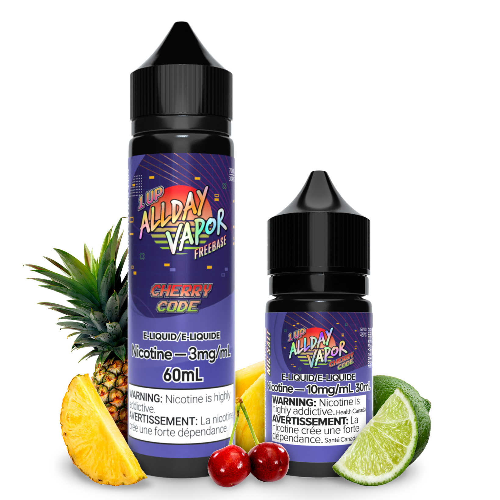 Bottles of Allday vapor Cherry Code Nic Salt and Free base E-juice from 1UP series by Allday Vapor with Pineapple cherry and lemon on the sides to demonstrate the flavour of the E-Liquid