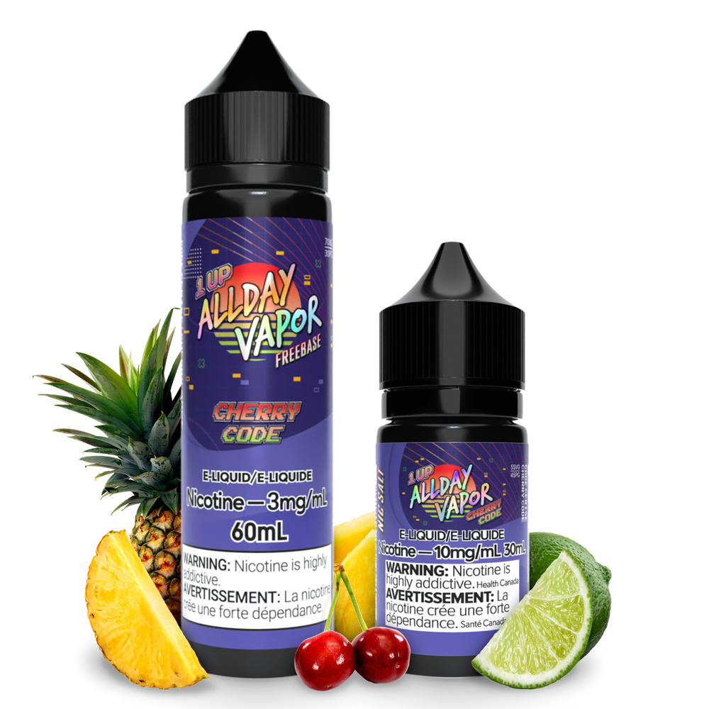 Bottles of Allday vapor Cherry Code Nic Salt and Free base E-juice from 1UP series by Allday Vapor with Pineapple cherry and lemon on the sides to demonstrate the flavour of the E-Liquid