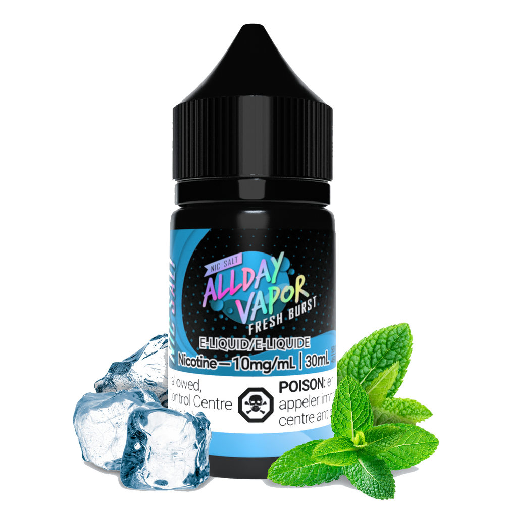 Bottle of Allday vapor Fresh Burst Nic Salt E-juice with Mint leaves and Ice on the sides to demonstrate the flavour of the E-Liquid