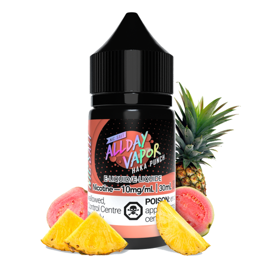 Allday Vapor Haka Punch Nic salt E-Liquid for small pod vape systems, a 30mL bottle of haka punch E-Liquid with pinapple and guava slices on side to demonstrate the flavour of this juice