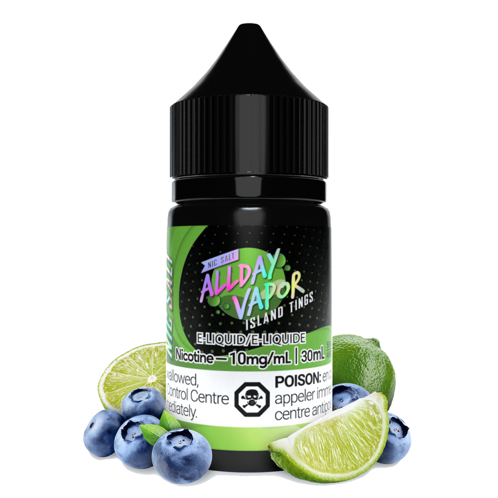 30mL Bottle of allday vapor island tings nic salt E-Liquid with lime and blueberry on side to demonstrate the flavour of this delicious E-Juice. 