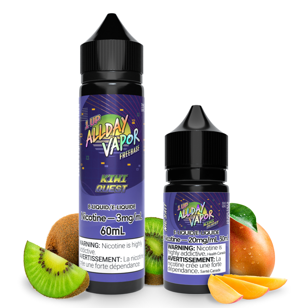Bottles of Allday vapor Kiwi Quest Nic Salt and Free base E-juice from 1UP series by Allday Vapor with Kiwi and mango on the sides to demonstrate the flavour of the E-Liquid