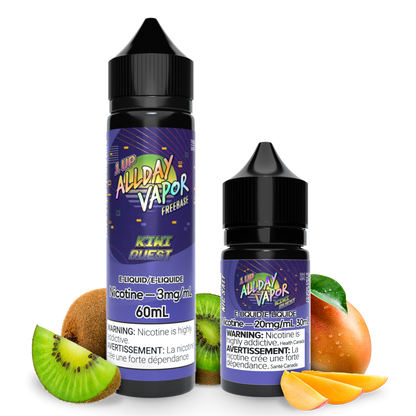 Bottles of Allday vapor Kiwi Quest Nic Salt and Free base E-juice from 1UP series by Allday Vapor with Kiwi and Mango on the sides to demonstrate the flavour of the E-Liquid