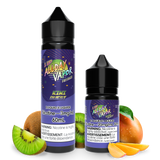 Bottles of Allday vapor Kiwi Quest Nic Salt and Free base E-juice from 1UP series by Allday Vapor with Kiwi and Mango on the sides to demonstrate the flavour of the E-Liquid