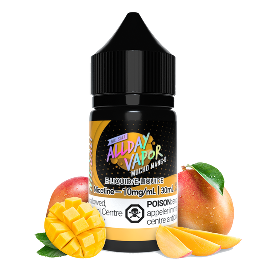 a 30mL bottle of Allday Vapor mucho mango Nic salt E-Liquid with mango fruit on side to demonstrate the flavour of this E-liquid which is sweet mangos