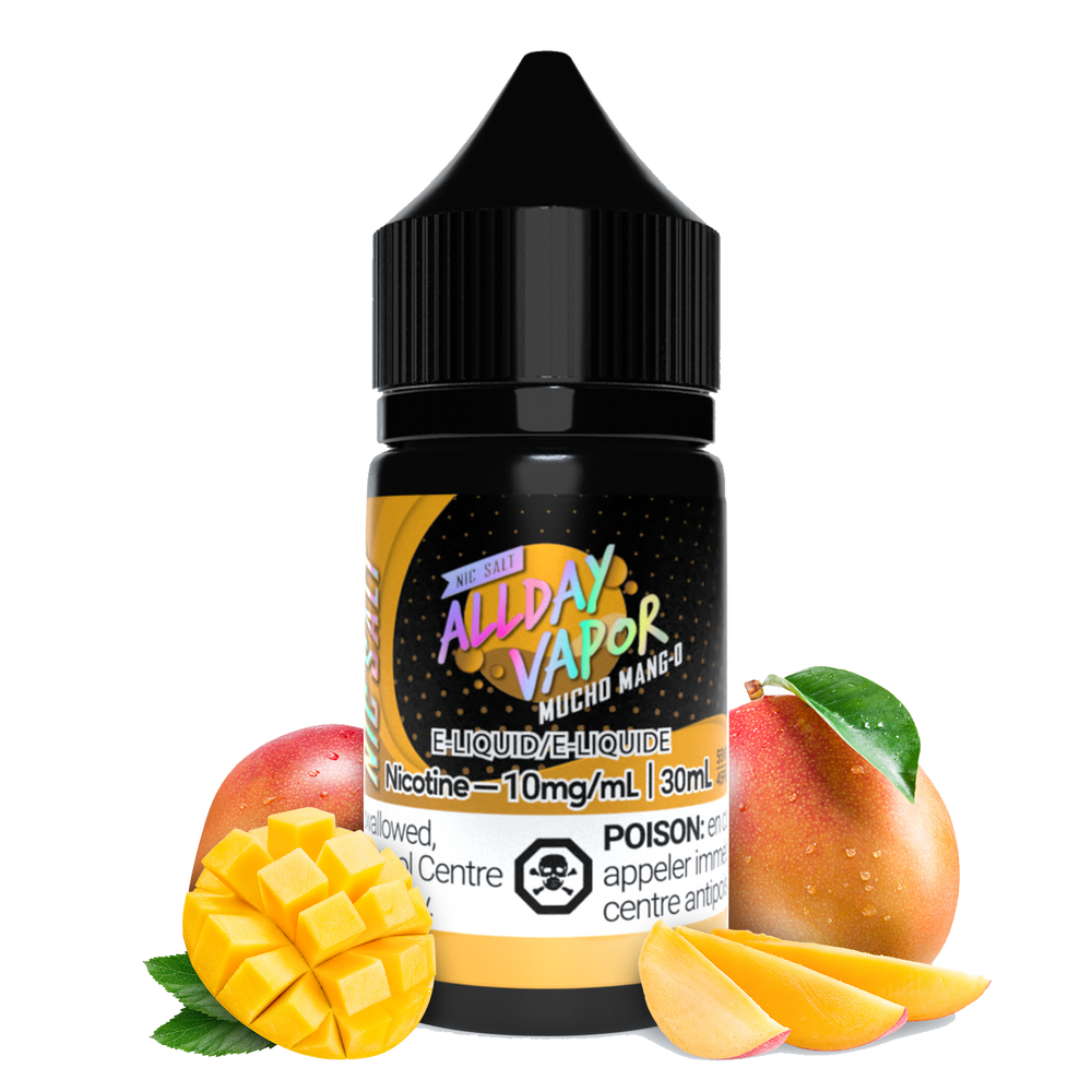a 30mL bottle of Allday Vapor mucho mango Nic salt E-Liquid with mango fruit on side to demonstrate the flavour of this E-liquid which is sweet mangos