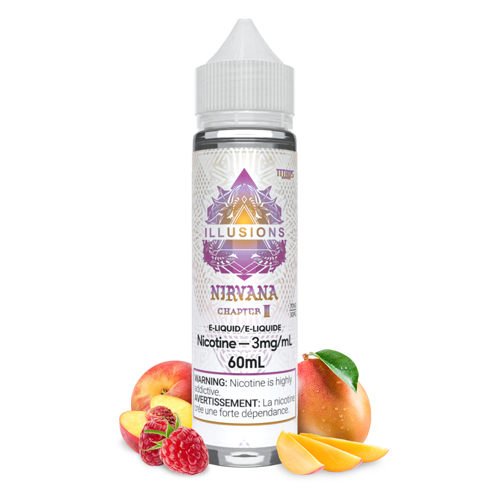 a 60 mL bottle of Vape E-liquid, NIrvana from chapter 3 by Illusions Vapor, this vape juice is available both in freebase variant and Nic Salt