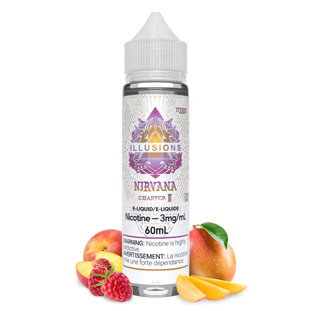 a 60 mL bottle of Vape E-liquid, NIrvana from chapter 3 by Illusions Vapor, this vape juice is available both in freebase variant and Nic Salt
