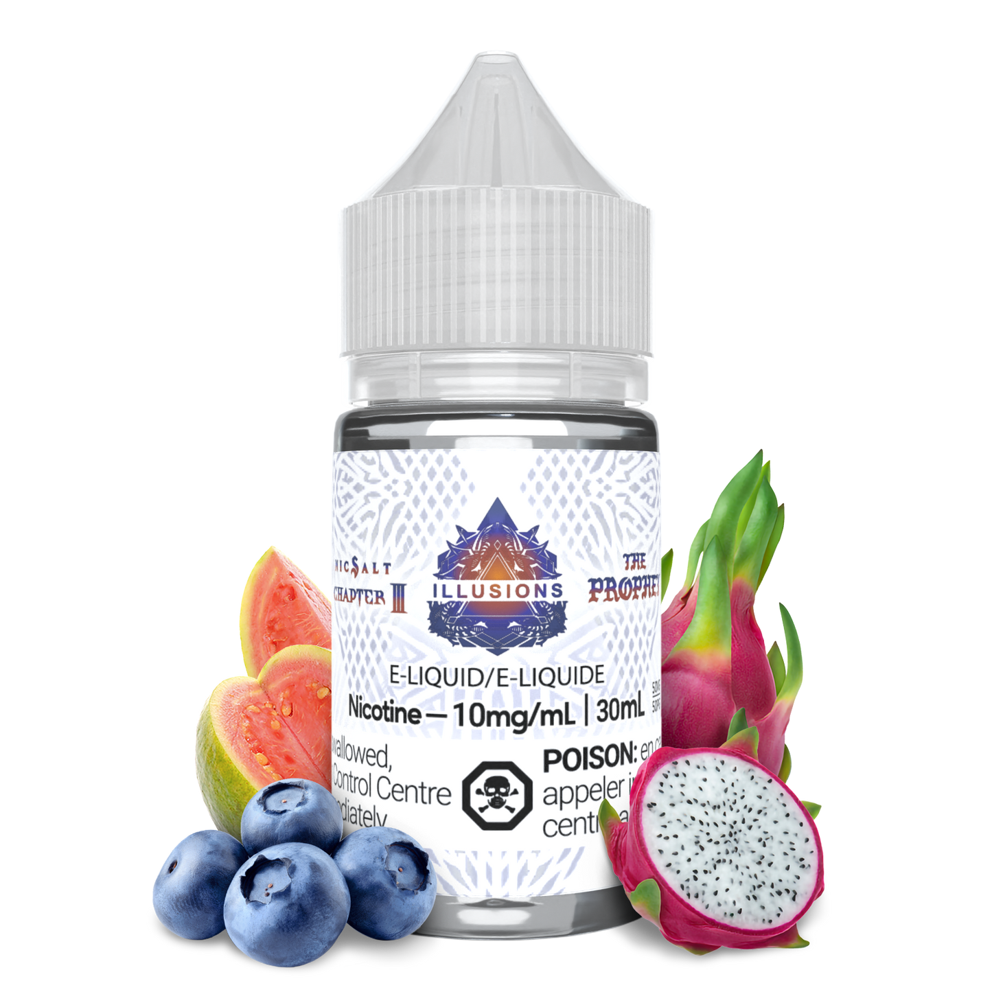 30 mL bottle of The Prophet E-Liquid by Illusions Vapor which is a freebase vape juice that comes in different nicotine strength, the prophet is a fruity mix of guava, dragonfruit, and blueberries