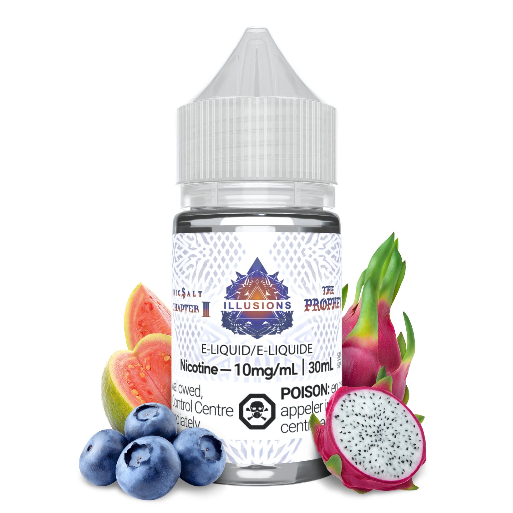 30 mL bottle of The Prophet E-Liquid by Illusions Vapor which is a freebase vape juice that comes in different nicotine strength, the prophet is a fruity mix of guava, dragonfruit, and blueberries