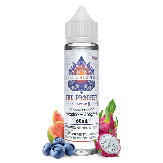 60 mL bottle of The Prophet E-Liquid by Illusions Vapor which is a freebase vape juice that comes in different nicotine strength, the prophet is a fruity mix of guava, dragonfruit, and blueberries 