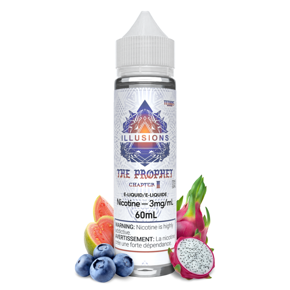 60 mL bottle of The Prophet E-Liquid by Illusions Vapor which is a freebase vape juice that comes in different nicotine strength, the prophet is a fruity mix of guava, dragonfruit, and blueberries 
