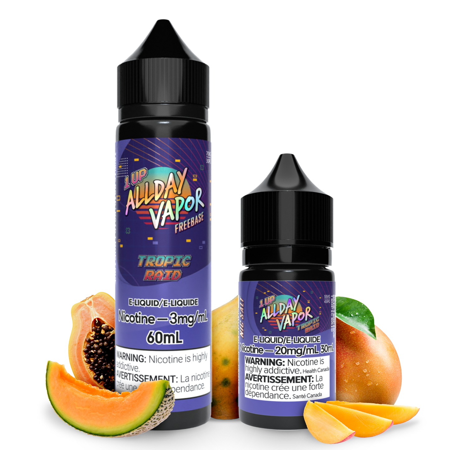 Bottles of Allday vapor Tropic Raid Nic Salt and Free base E-juice from 1UP series by Allday Vapor with Papaya and mango on the sides to demonstrate the flavour of the E-Liquid