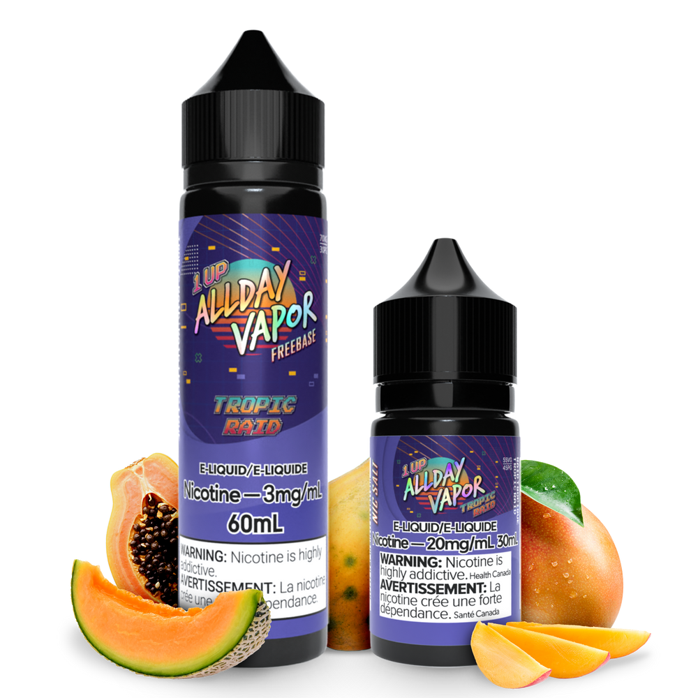 Bottles of Allday vapor Tropic Raid Nic Salt and Free base E-juice from 1UP series by Allday Vapor with Papaya and mango on the sides to demonstrate the flavour of the E-Liquid