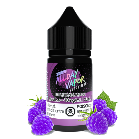 a 30mL bottle of Allday Vapor Nic Salt E-Liquid Verry berry with berries on side to demonstrate the flavour of this E-Liquid which is raspberry and blueberry