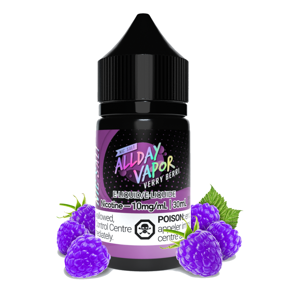 a 30mL bottle of Allday Vapor Nic Salt E-Liquid Verry berry with berries on side to demonstrate the flavour of this E-Liquid which is raspberry and blueberry