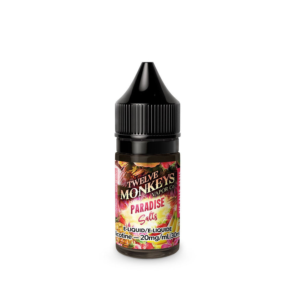 30 mL bottle of Paradise Nic Salt E-Liquid by Twelve Monkeys from OASIS Series, Bliss Vape E-Liquid flavours is a tropic blend of Coconu mixed with pineapple, strawberry, and banana
